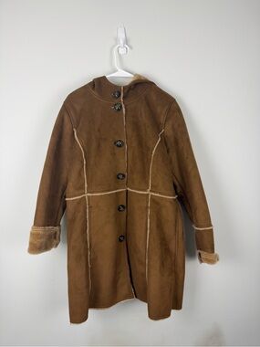 Esprit Chestnut Brown Faux Shearling Trench Coat with Hood
